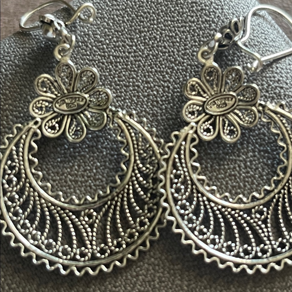 Sterling Silver Turkey Signed Filigree Crescent Moon Floral Dangle Earrings - Picture 8 of 11